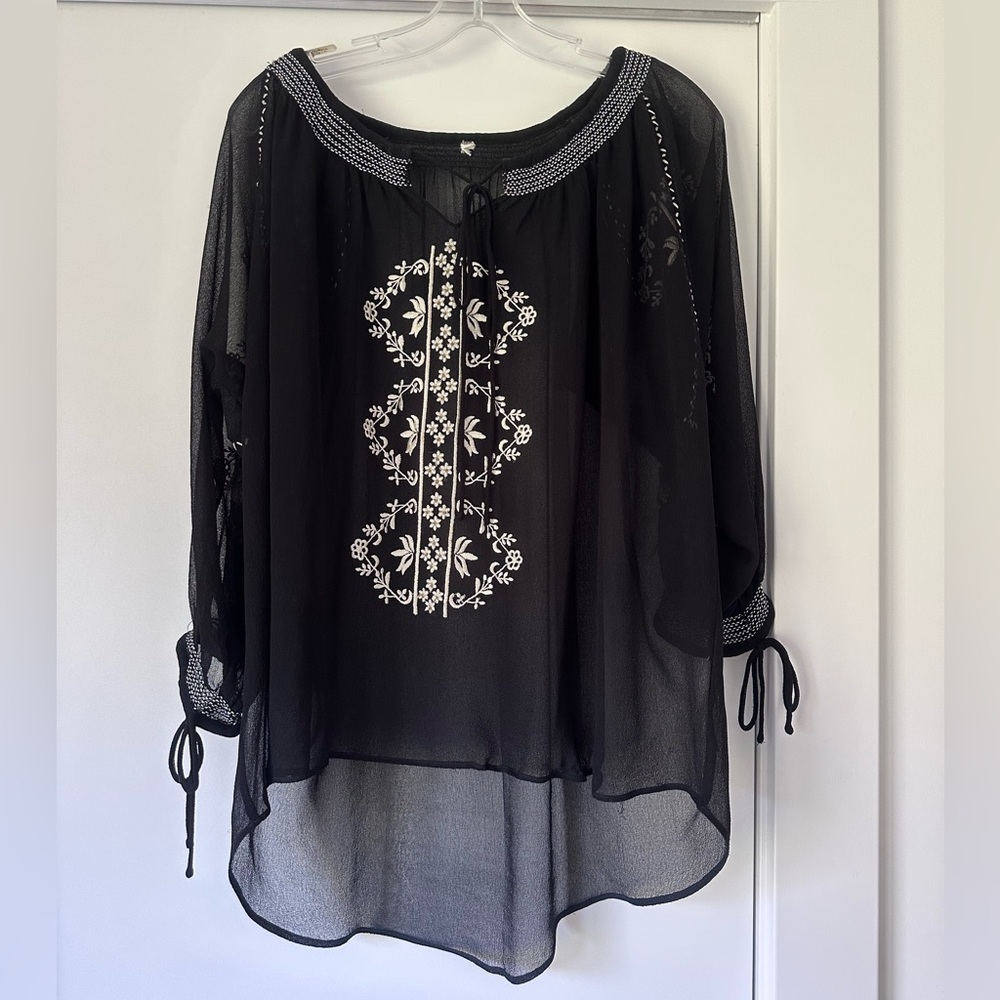 Sheer Black Embroidered Peasant Top
